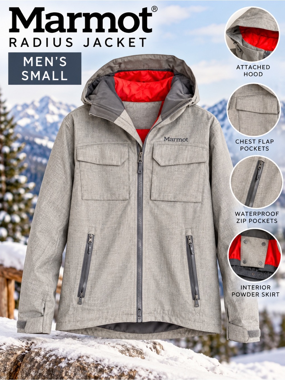 Marmot Radius Jacket Men’s Small Gray Heather Ski Snowboard Hooded Coat